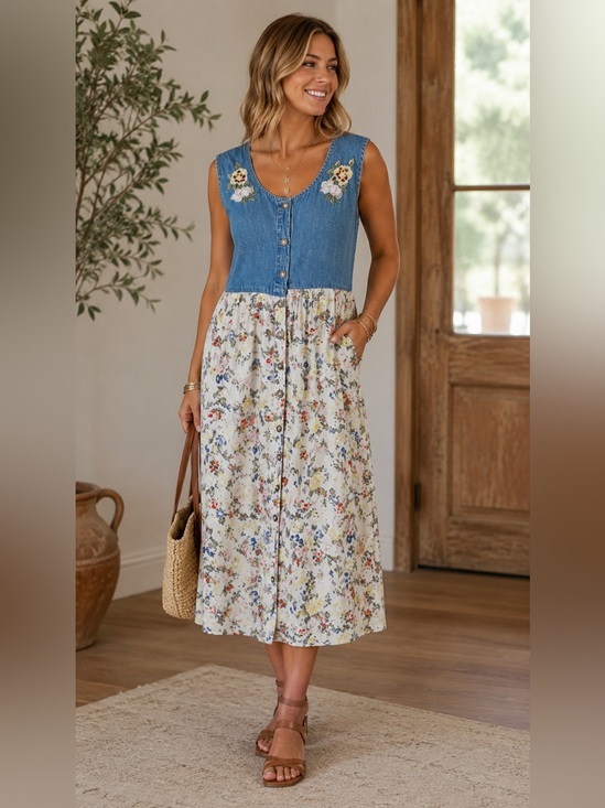 Jane Ashley Dresses & Skirts - VTG Jane Ashley Blue Denim Top Floral Print Midi Dress Size Medium - 90's Boho